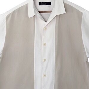 Nat Nast Luxury Originals Silk Bowling Shirt Mens Large Tan Cream Two Tone Logo
